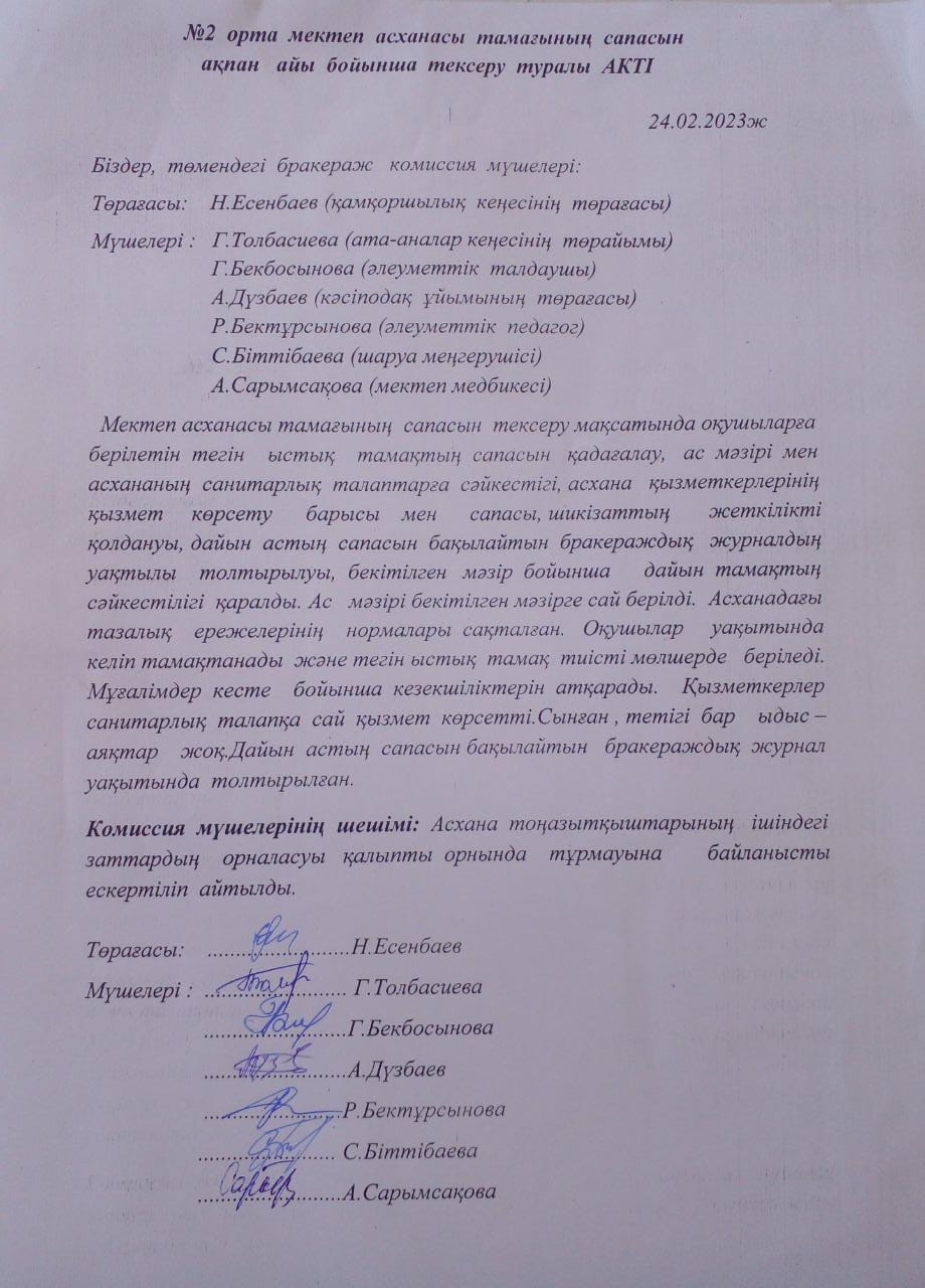 №2 орта мектеп Ақпан айы Тамақтану