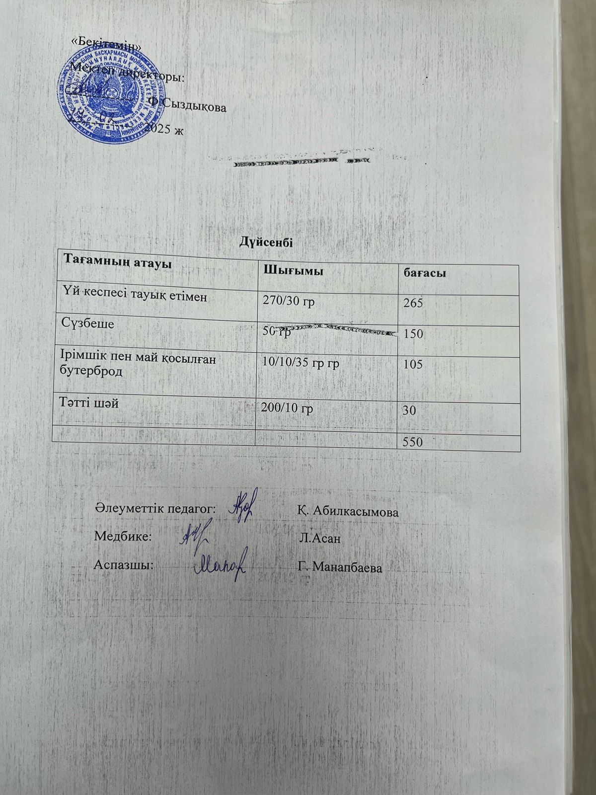 №2 орта мектеп Тамақтану 1Ыстық тамақ кестесі Меню 14-28.02.2025 жыл
